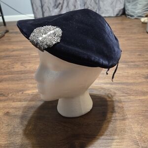 Vintage 40s Black Velvet Beret Hat Beaded Embellishment